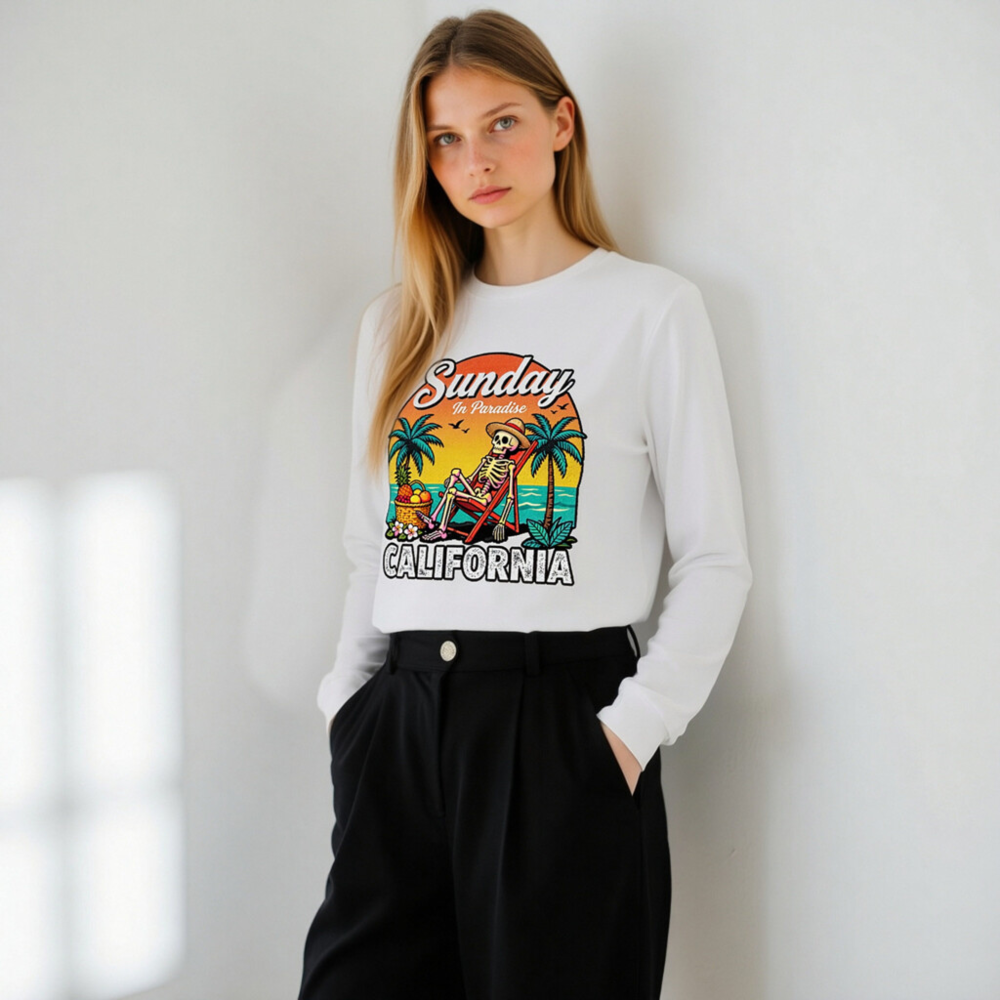 Sunday in Paradise California Skeleton Long Sleeve Tee - Unisex Beach Lounge Shirt - Image 11
