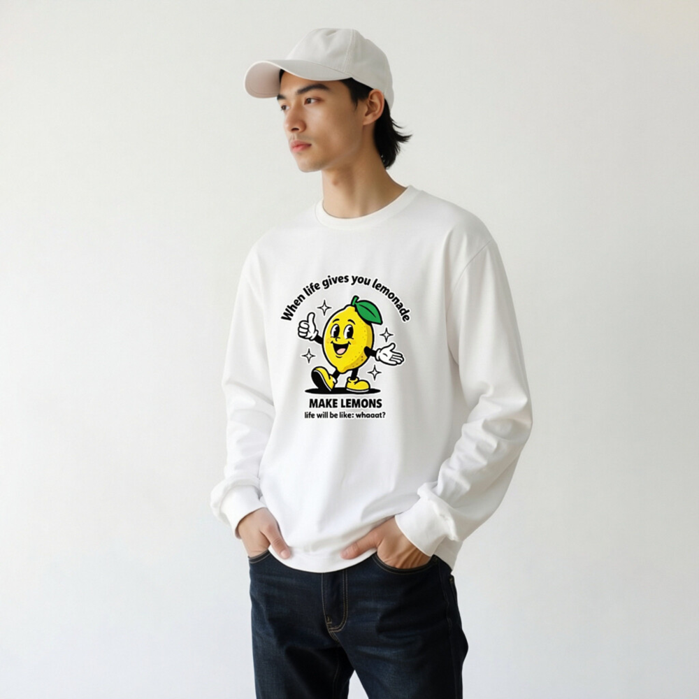 Unisex Long Sleeve Tee: 'Make Lemons' Lemon Mascot Fun Graphic Shirt - Image 9