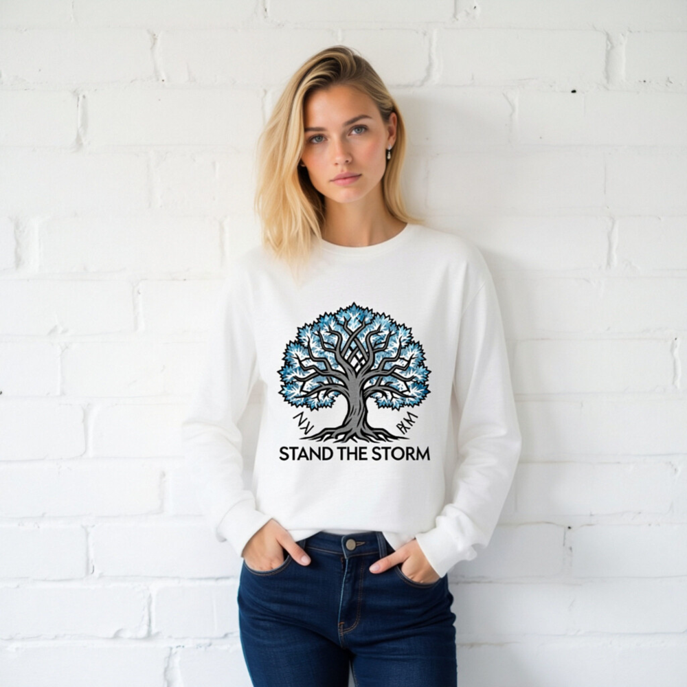 Unisex Long Sleeve Tee - Stand the Storm Tree Design, Blue & Gray, Comfort Fit - Image 2