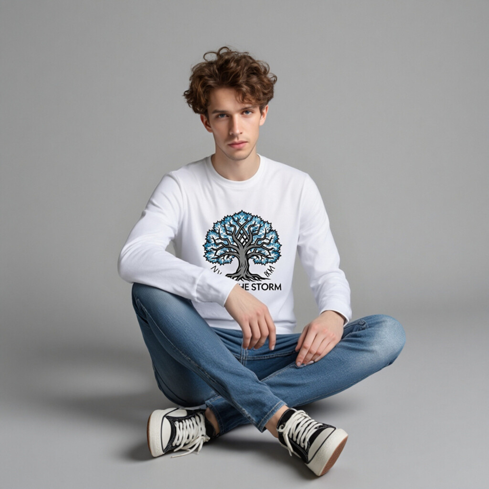 Unisex Long Sleeve Tee - Stand the Storm Tree Design, Blue & Gray, Comfort Fit - Image 3