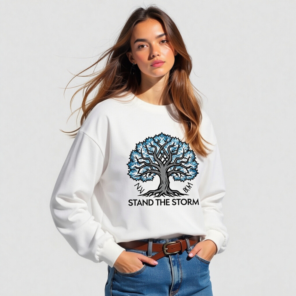 Unisex Long Sleeve Tee - Stand the Storm Tree Design, Blue & Gray, Comfort Fit - Image 4
