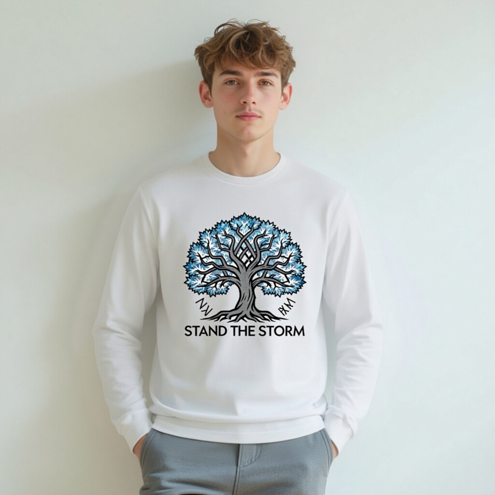 Unisex Long Sleeve Tee - Stand the Storm Tree Design, Blue & Gray, Comfort Fit - Image 5