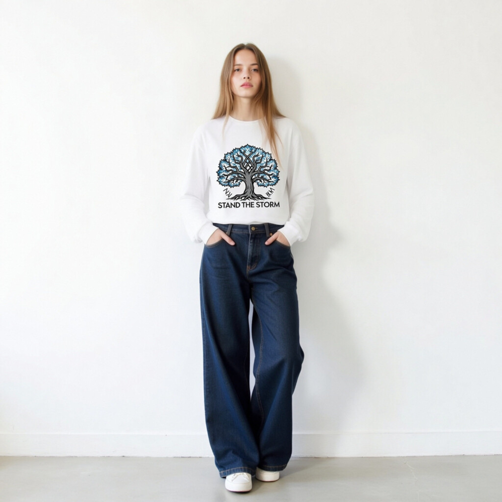 Unisex Long Sleeve Tee - Stand the Storm Tree Design, Blue & Gray, Comfort Fit - Image 8