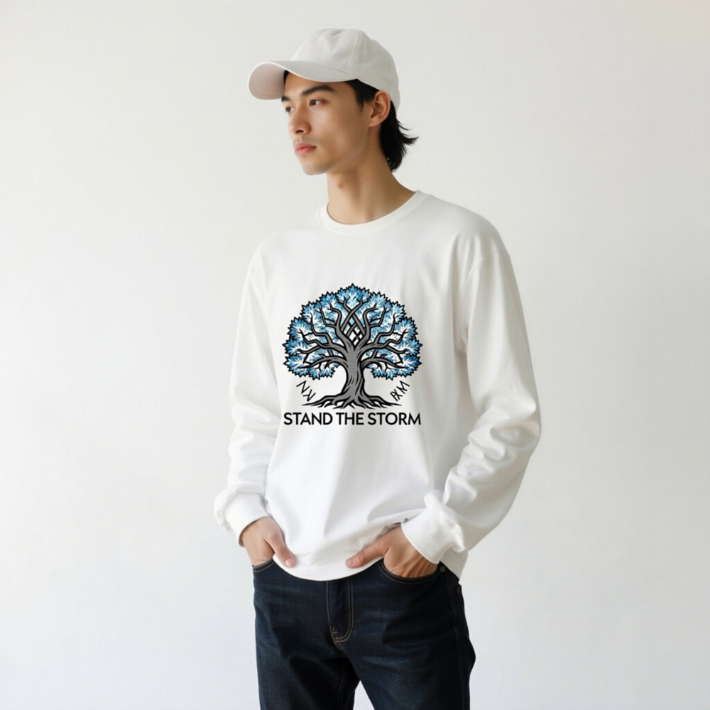 Unisex Long Sleeve Tee - Stand the Storm Tree Design, Blue & Gray, Comfort Fit - Image 9