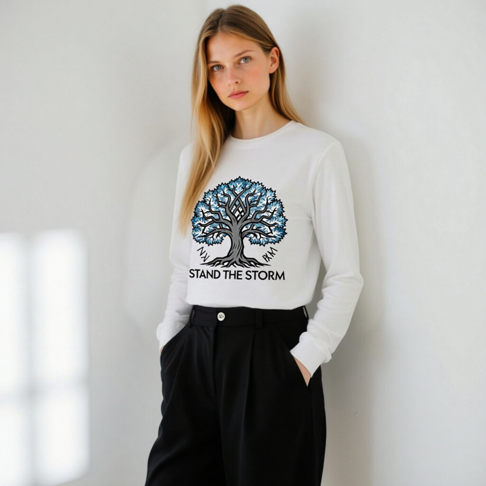 Unisex Long Sleeve Tee - Stand the Storm Tree Design, Blue & Gray, Comfort Fit - Image 11
