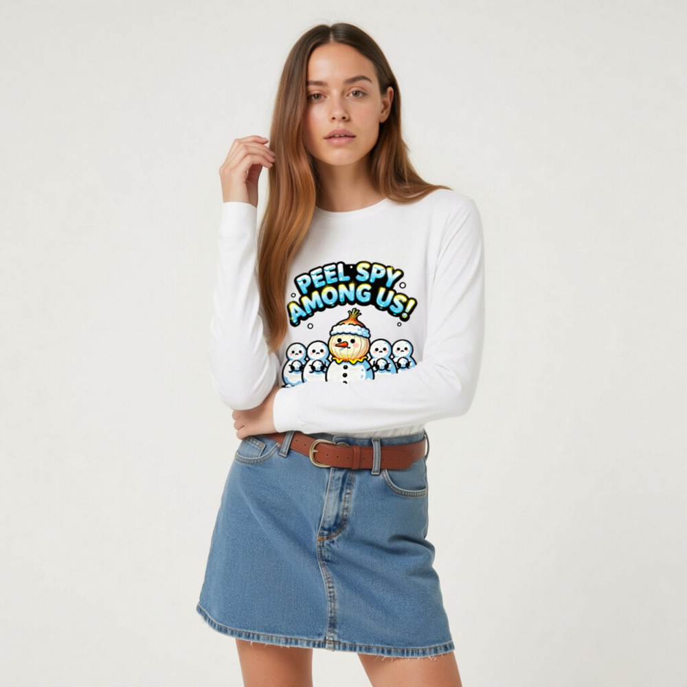 Peel Spy Among Us Snowman Long Sleeve Tee - Unisex Winter Humor Shirt - Image 6