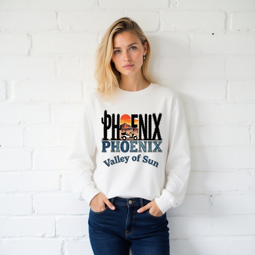 Phoenix Valley of Sun Unisex Long Sleeve Tee - Cactus Sunset Golf Cart Design - Image 2
