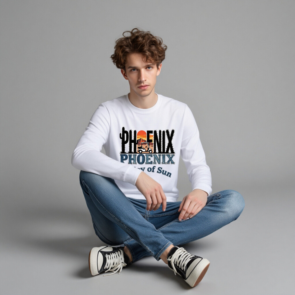 Phoenix Valley of Sun Unisex Long Sleeve Tee - Cactus Sunset Golf Cart Design - Image 3