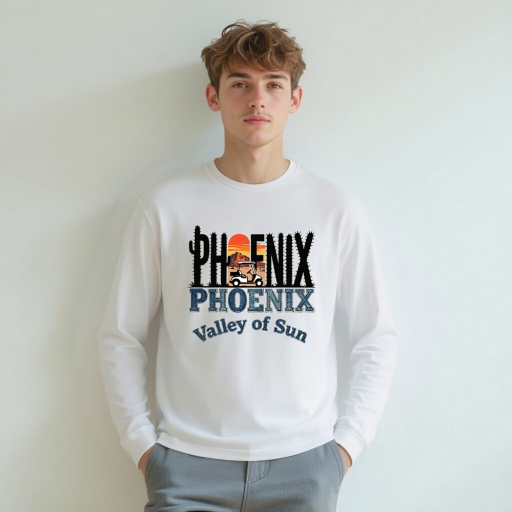 Phoenix Valley of Sun Unisex Long Sleeve Tee - Cactus Sunset Golf Cart Design - Image 5