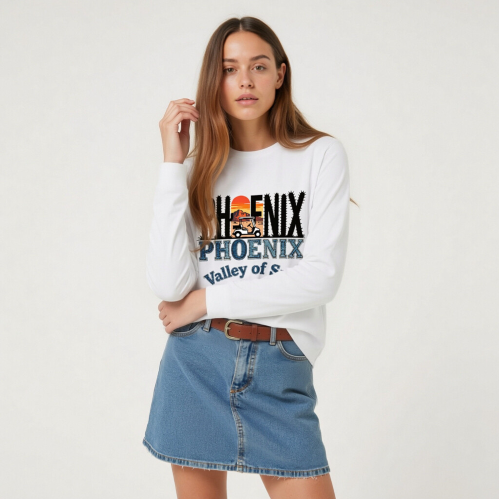 Phoenix Valley of Sun Unisex Long Sleeve Tee - Cactus Sunset Golf Cart Design - Image 6