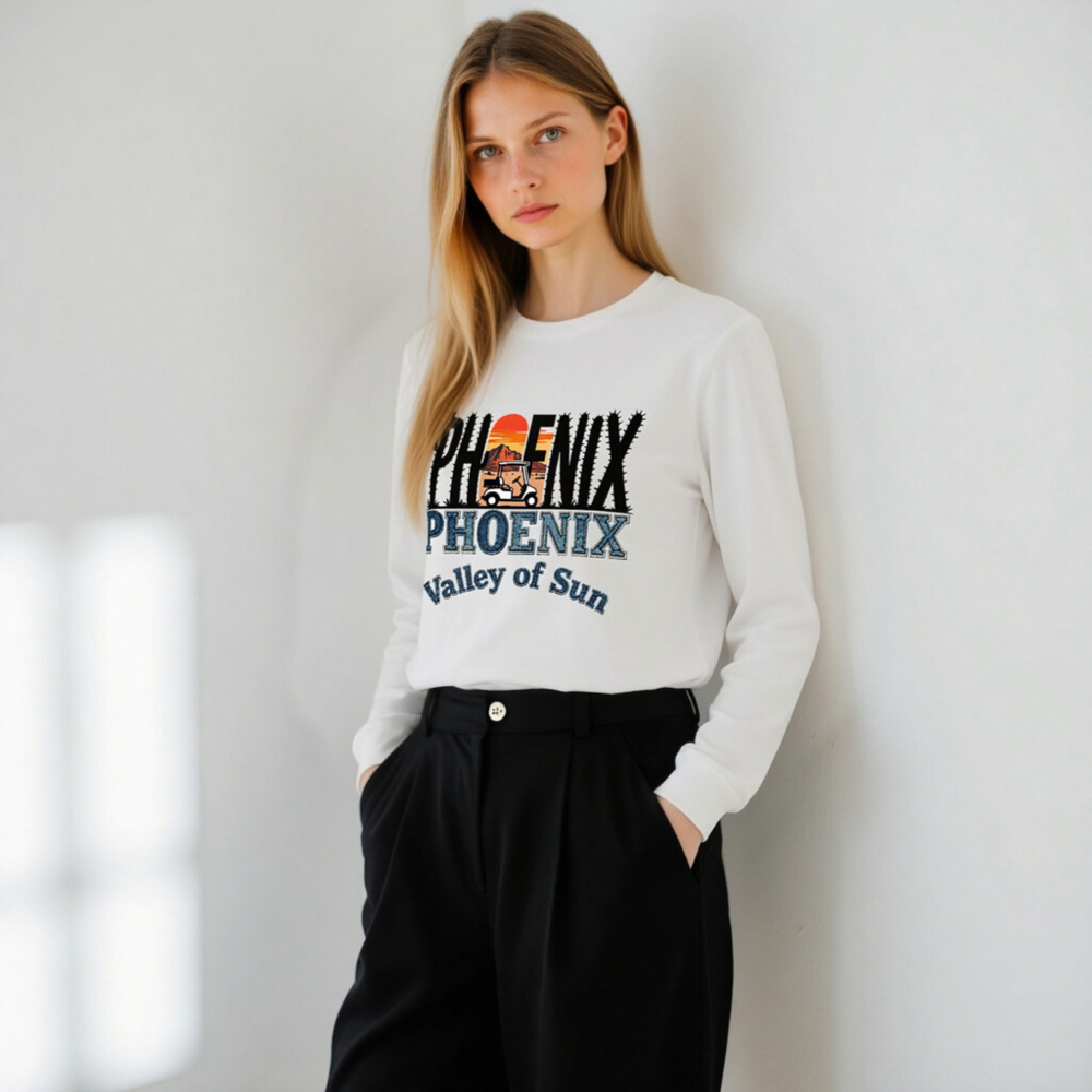 Phoenix Valley of Sun Unisex Long Sleeve Tee - Cactus Sunset Golf Cart Design - Image 11