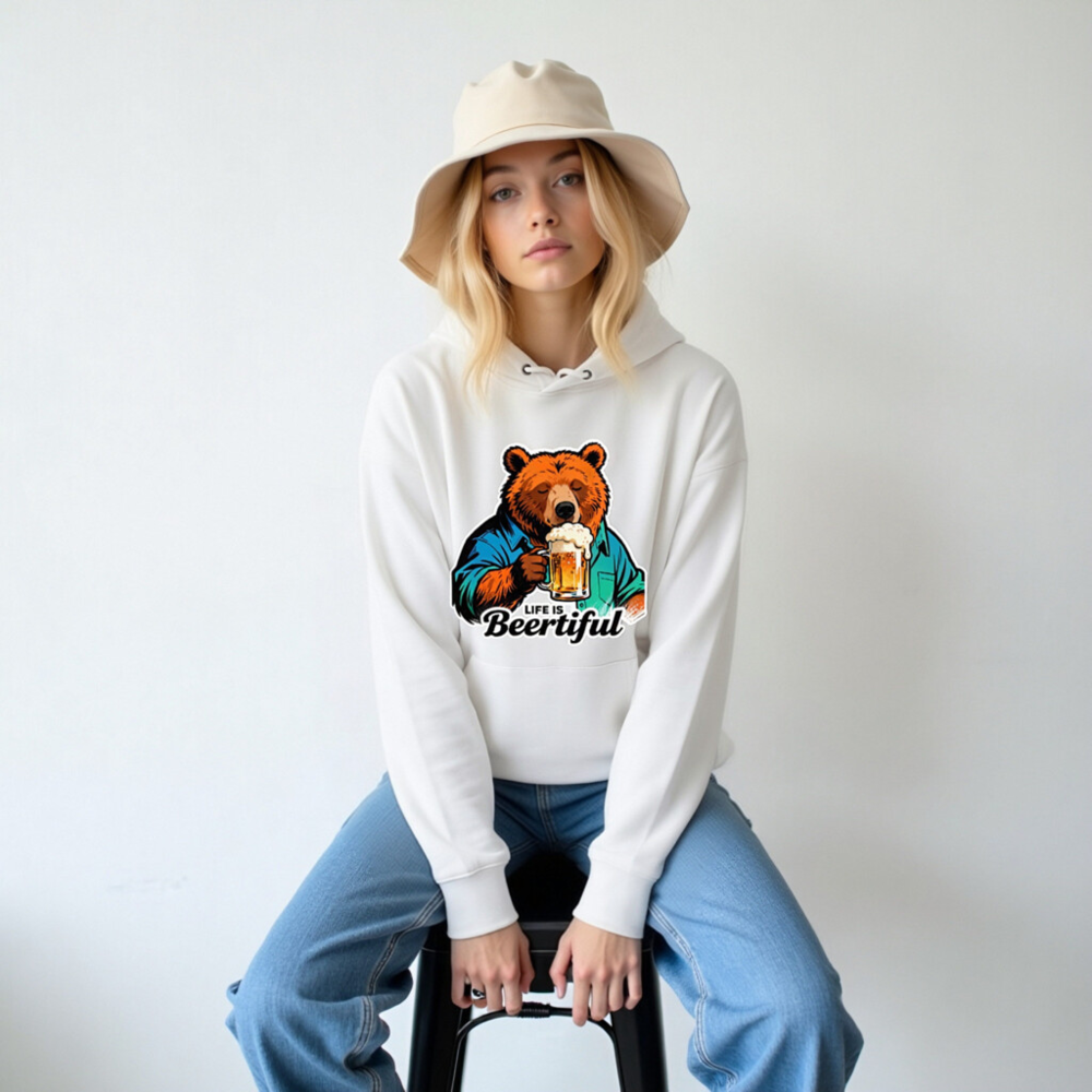 Unisex Eco Hoodie - Bear with Beer, 'Life is Beertiful' Graphic Sweatshirt - Image 6