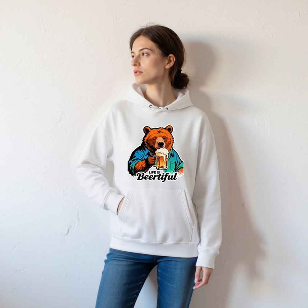 Unisex Eco Hoodie - Bear with Beer, 'Life is Beertiful' Graphic Sweatshirt - Image 7