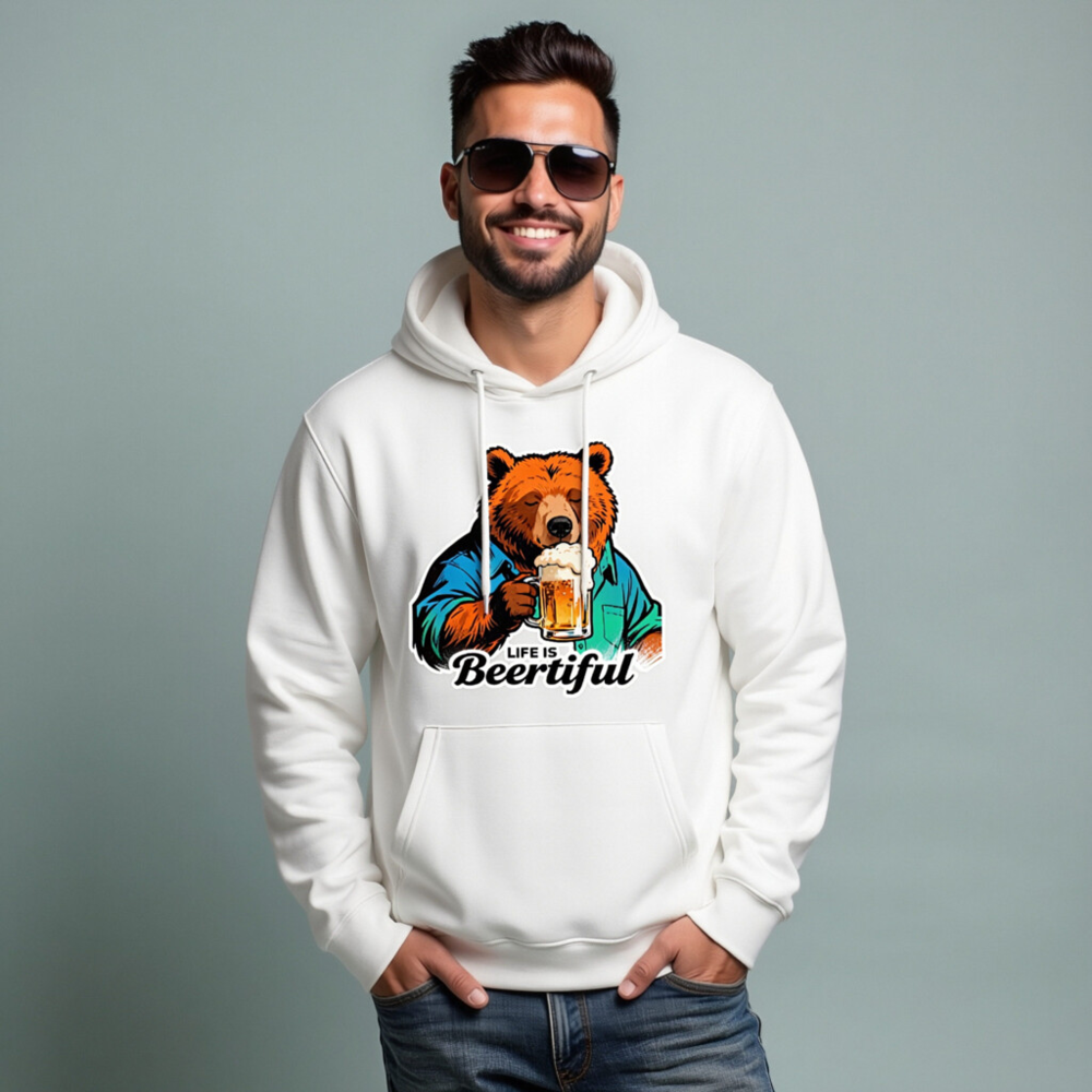 Unisex Eco Hoodie - Bear with Beer, 'Life is Beertiful' Graphic Sweatshirt - Image 8