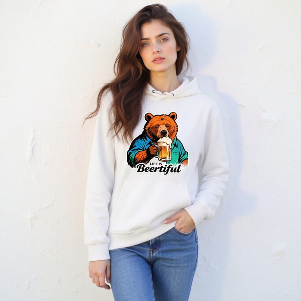 Unisex Eco Hoodie - Bear with Beer, 'Life is Beertiful' Graphic Sweatshirt - Image 11