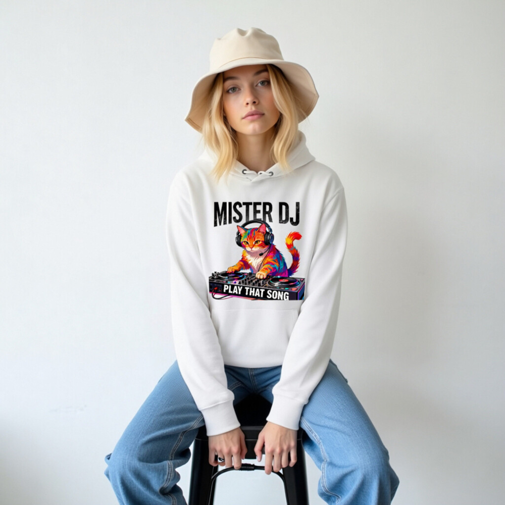 Mister DJ Cat Hoodie - Unisex Eco-Friendly Sweatshirt with Play That Song Design - Image 6
