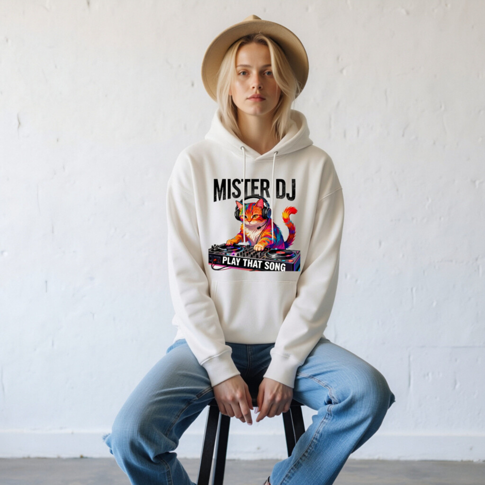 Mister DJ Cat Hoodie - Unisex Eco-Friendly Sweatshirt with Play That Song Design - Image 10