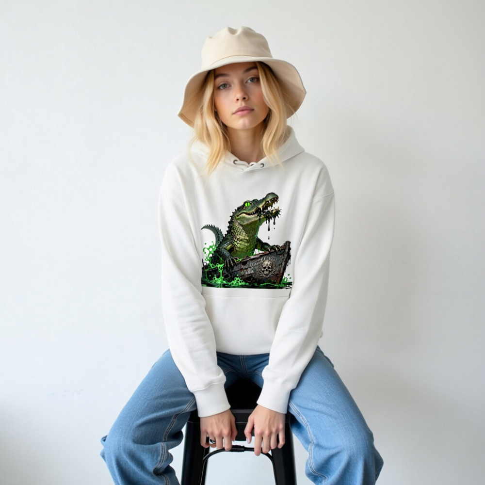 Unisex Eco Hoodie with Crocodile Pirate Boat Graphic - Sustainable Cotton Blend - Image 6