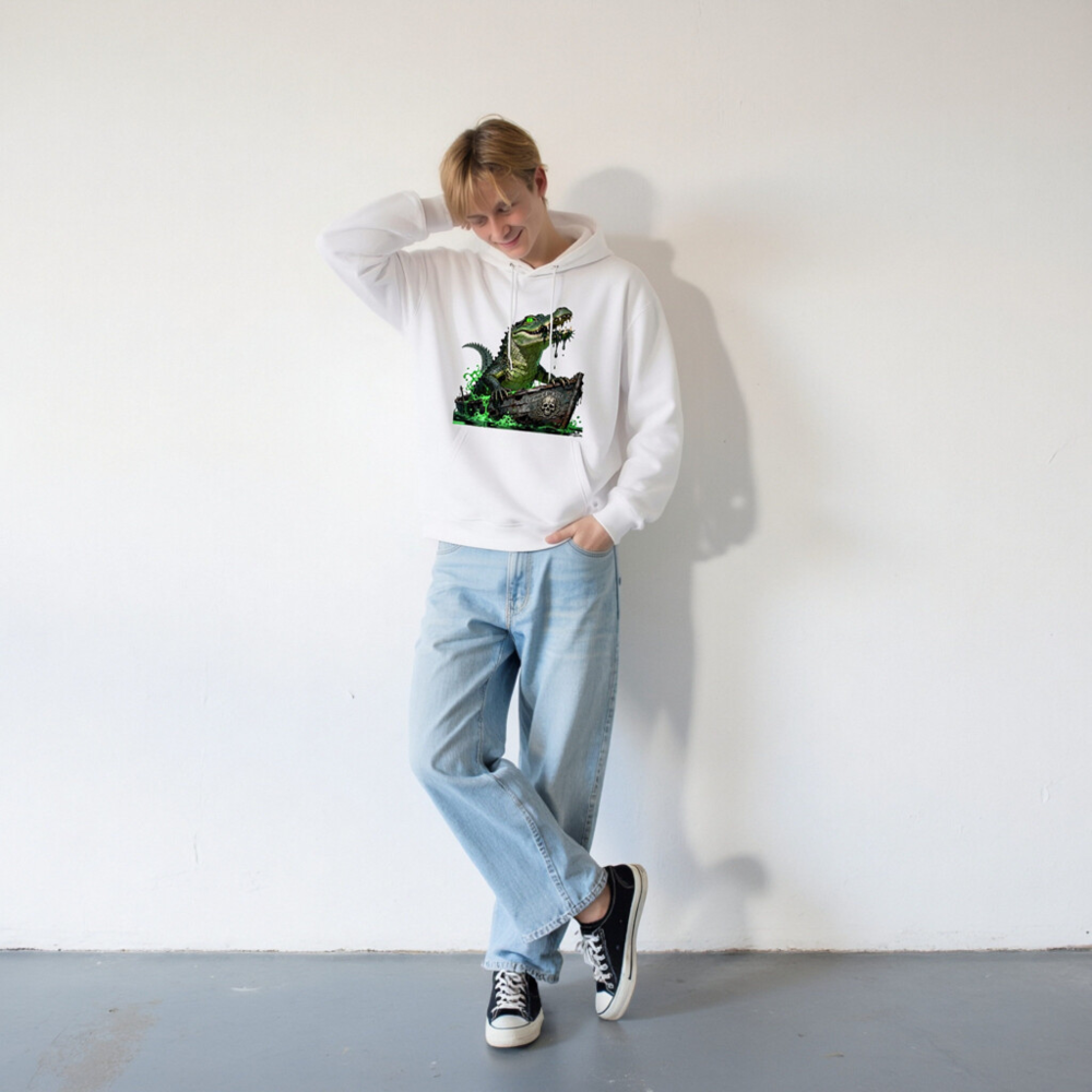 Unisex Eco Hoodie with Crocodile Pirate Boat Graphic - Sustainable Cotton Blend - Image 9