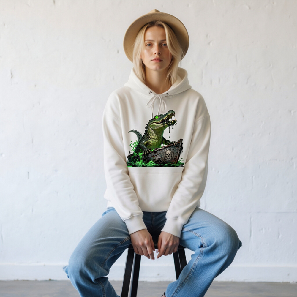 Unisex Eco Hoodie with Crocodile Pirate Boat Graphic - Sustainable Cotton Blend - Image 10