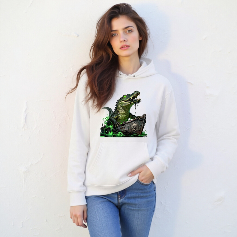 Unisex Eco Hoodie with Crocodile Pirate Boat Graphic - Sustainable Cotton Blend - Image 11