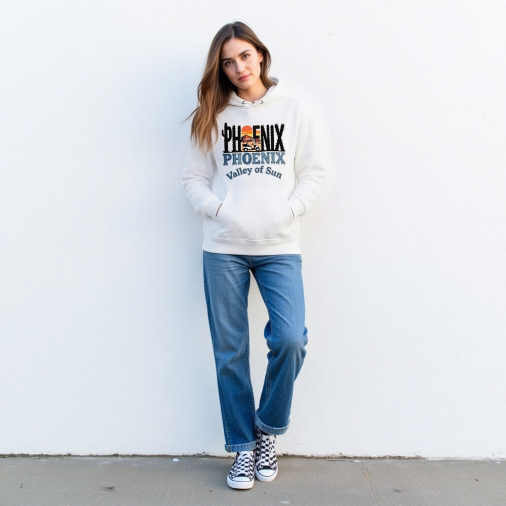 Phoenix Valley of Sun Hoodie | Eco Unisex Essential Sweatshirt with Cactus & Golf Cart Design - Image 3