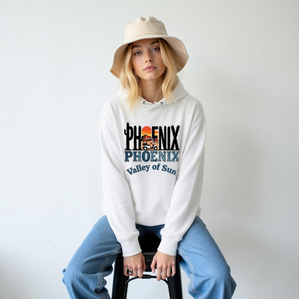 Phoenix Valley of Sun Hoodie | Eco Unisex Essential Sweatshirt with Cactus & Golf Cart Design - Image 6