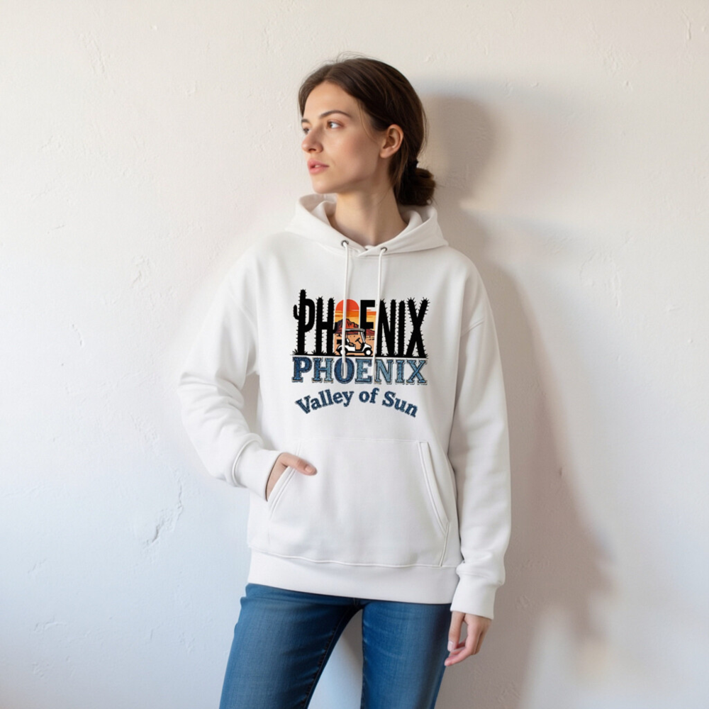 Phoenix Valley of Sun Hoodie | Eco Unisex Essential Sweatshirt with Cactus & Golf Cart Design - Image 7