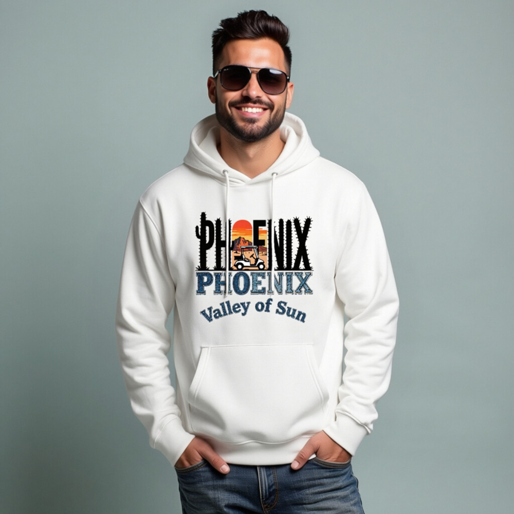 Phoenix Valley of Sun Hoodie | Eco Unisex Essential Sweatshirt with Cactus & Golf Cart Design - Image 8