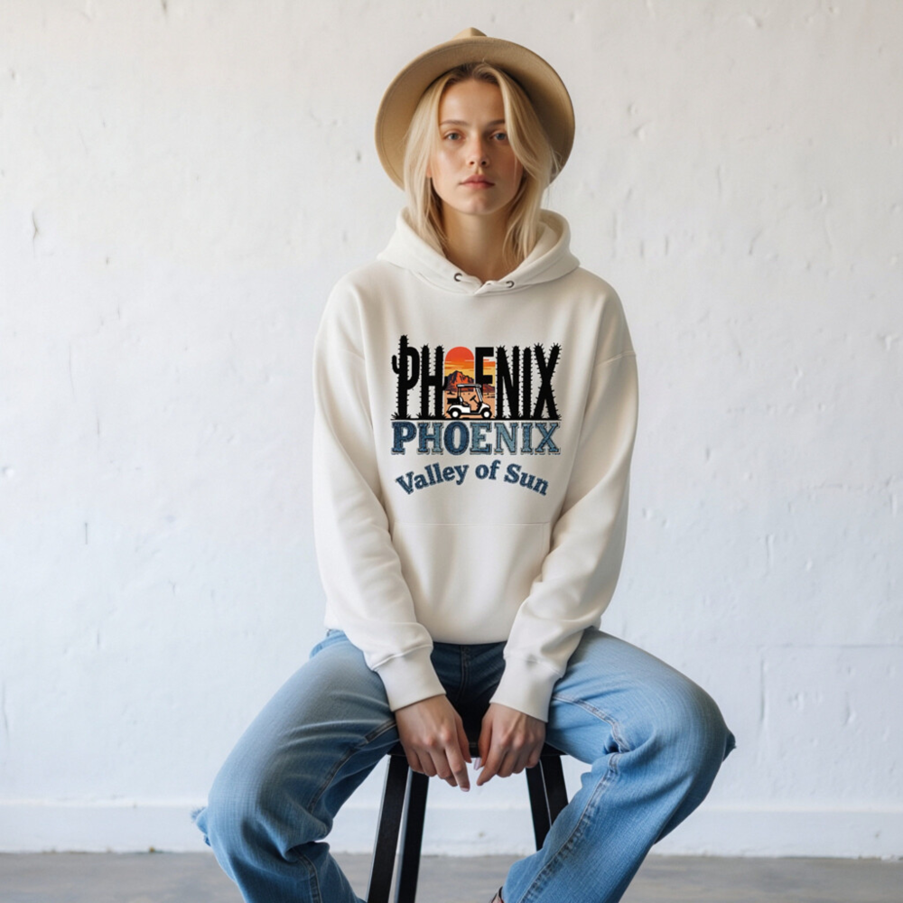 Phoenix Valley of Sun Hoodie | Eco Unisex Essential Sweatshirt with Cactus & Golf Cart Design - Image 10