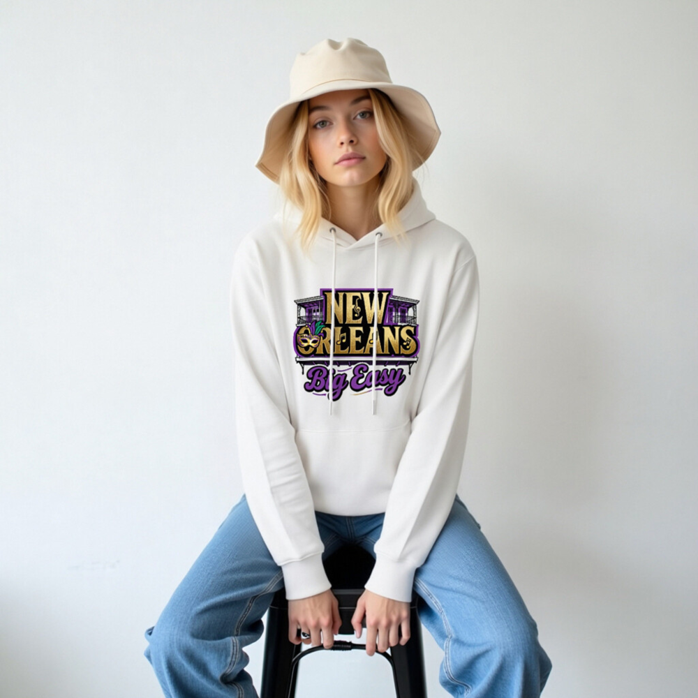 New Orleans Big Easy Unisex Eco Hoodie - Purple Gold Mardi Gras Design - Image 6