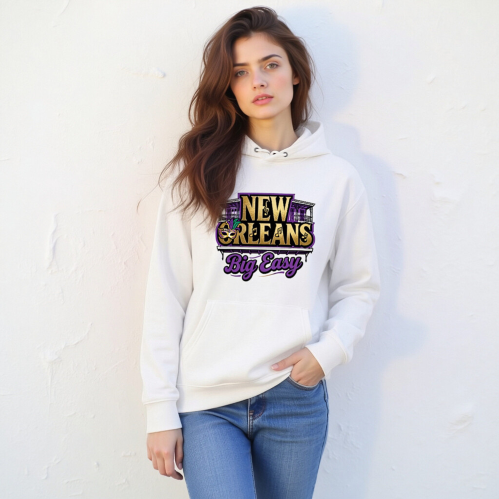 New Orleans Big Easy Unisex Eco Hoodie - Purple Gold Mardi Gras Design - Image 11