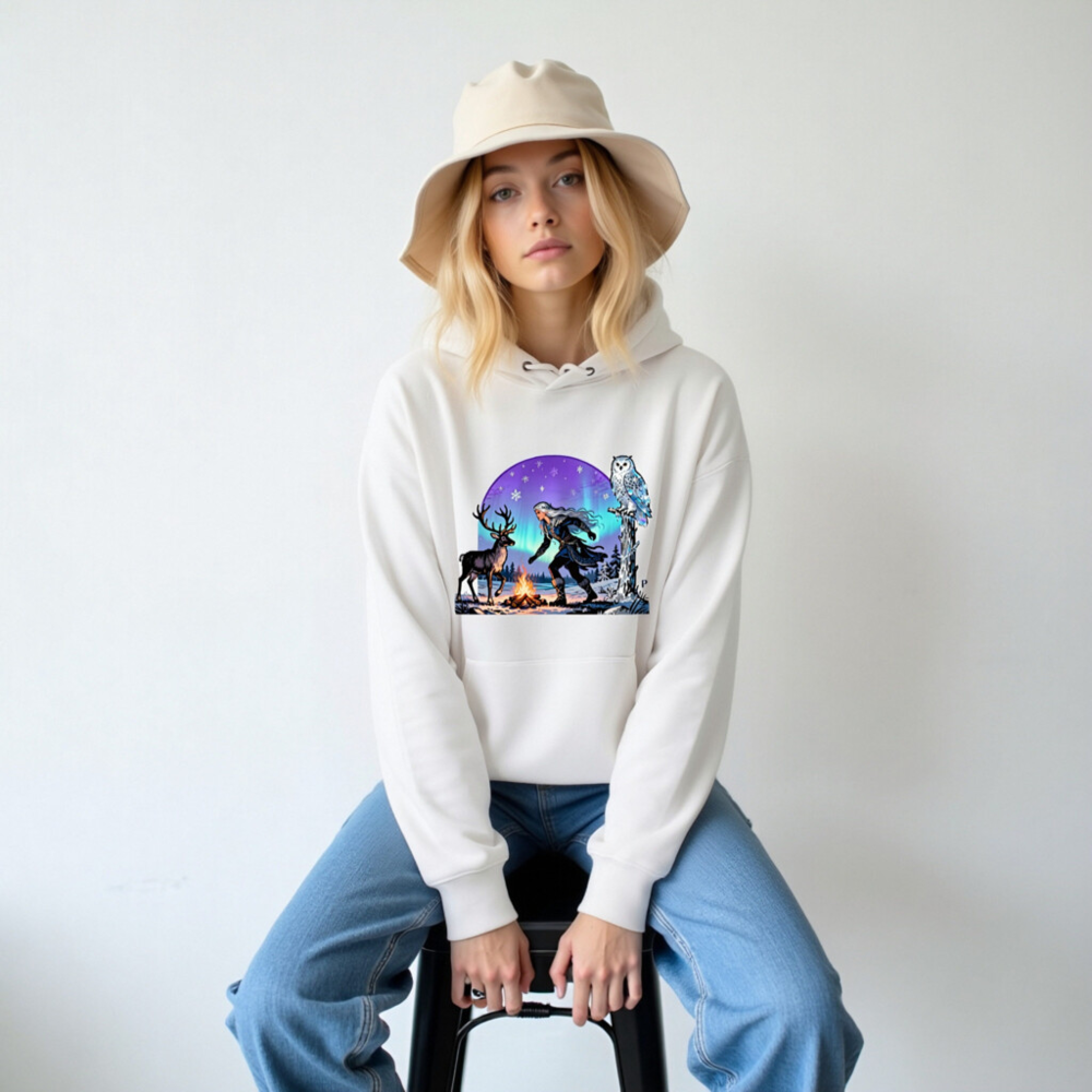 Unisex Eco Hoodie with Winter Aurora Deer Owl Design - Sustainable Essential Sweatshirt - Image 6