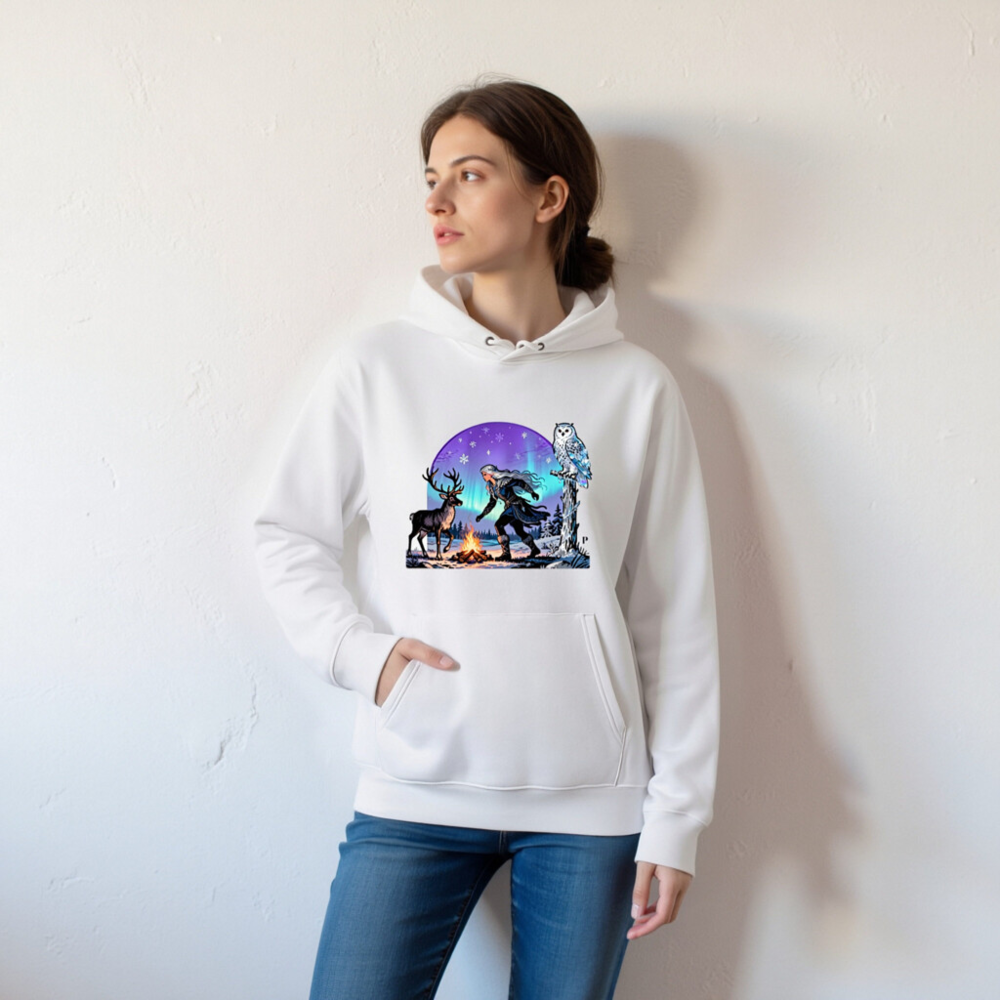 Unisex Eco Hoodie with Winter Aurora Deer Owl Design - Sustainable Essential Sweatshirt - Image 7
