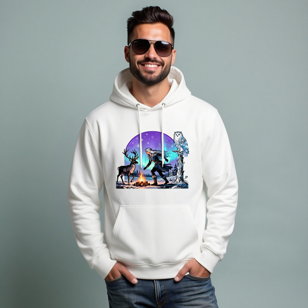 Unisex Eco Hoodie with Winter Aurora Deer Owl Design - Sustainable Essential Sweatshirt - Image 8
