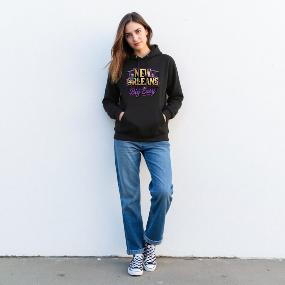 New Orleans Big Easy Unisex Eco Hoodie - Black Essential Sweatshirt - Image 3