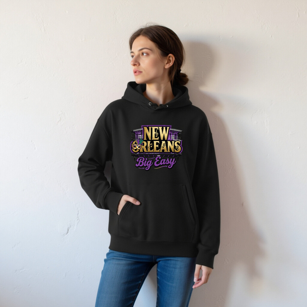 New Orleans Big Easy Unisex Eco Hoodie - Black Essential Sweatshirt - Image 6