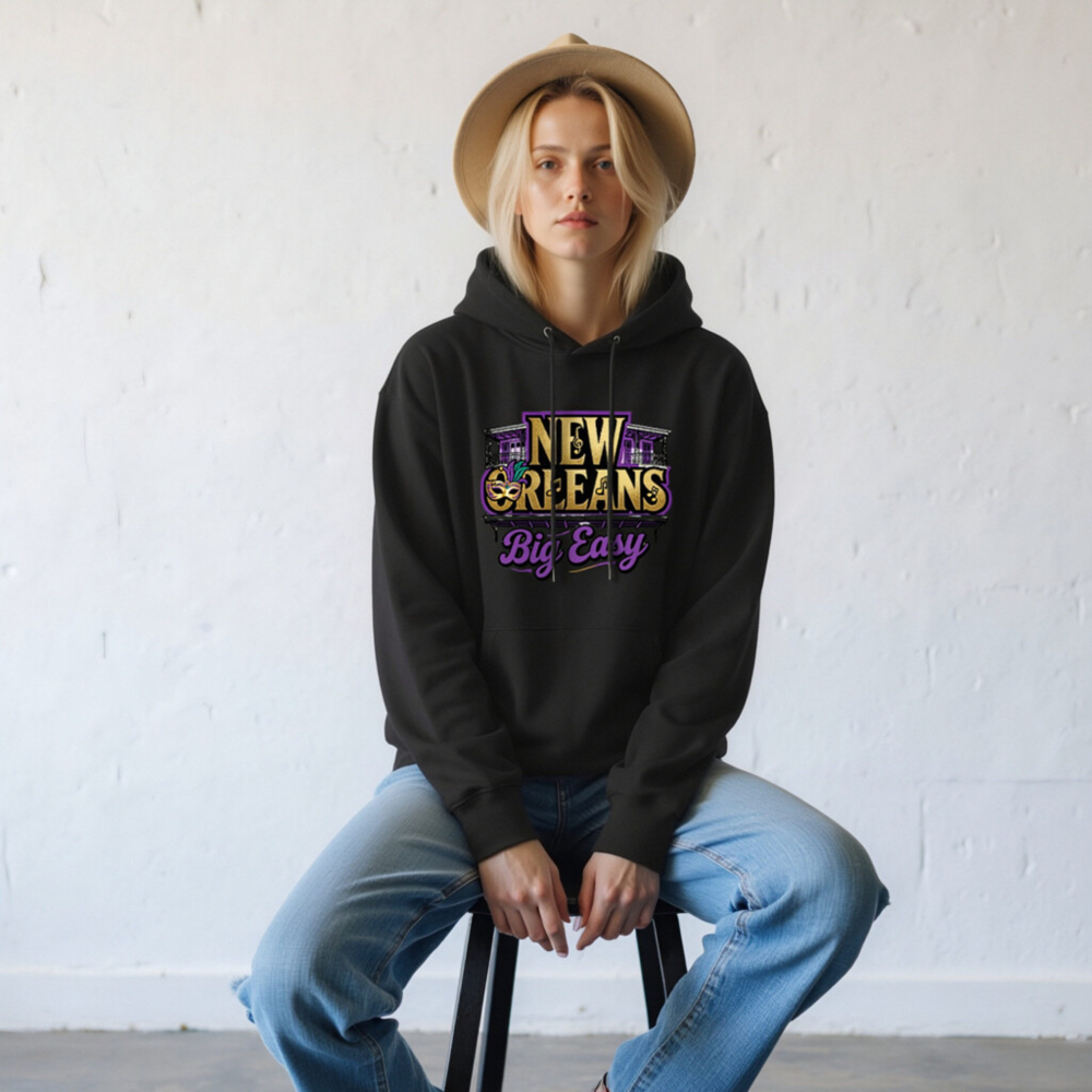 New Orleans Big Easy Unisex Eco Hoodie - Black Essential Sweatshirt - Image 8
