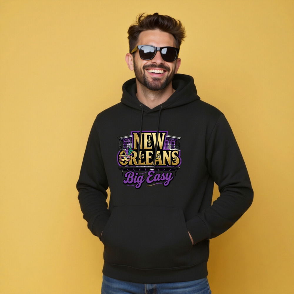 New Orleans Big Easy Unisex Eco Hoodie - Black Essential Sweatshirt - Image 9