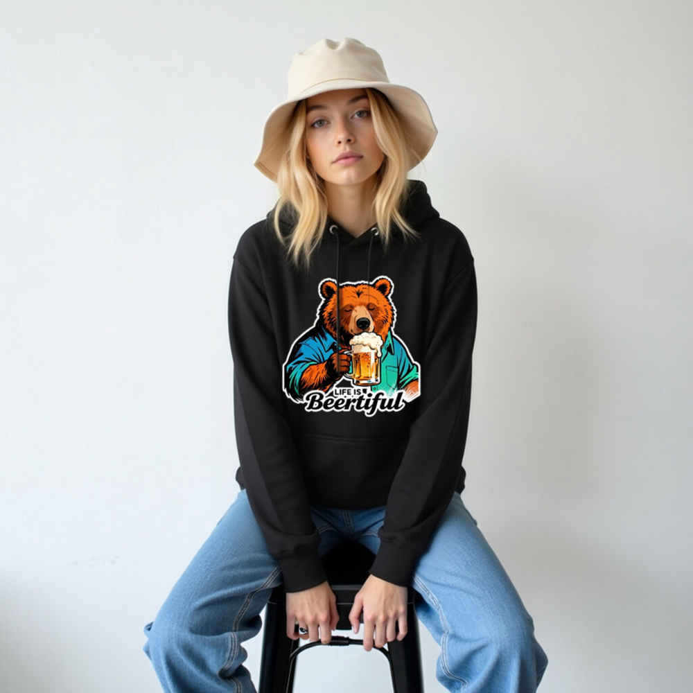 Unisex Premium Pullover Hoodie - Bear Drinking Beer, 'Life is Beertiful' Funny Design - Image 6
