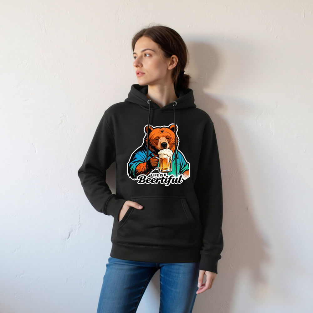 Unisex Premium Pullover Hoodie - Bear Drinking Beer, 'Life is Beertiful' Funny Design - Image 7