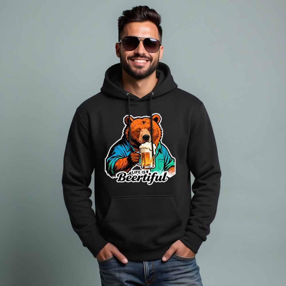 Unisex Premium Pullover Hoodie - Bear Drinking Beer, 'Life is Beertiful' Funny Design - Image 8