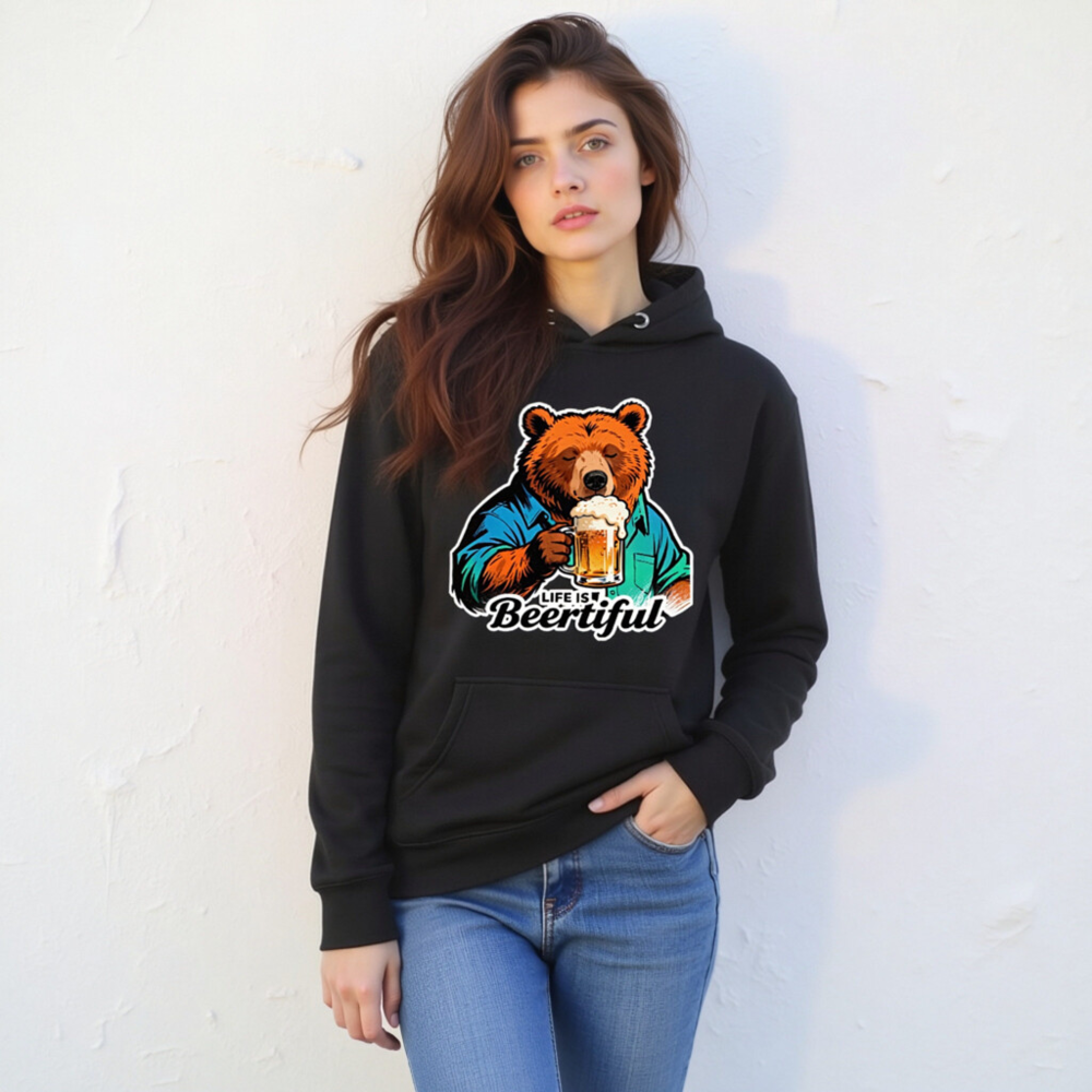 Unisex Premium Pullover Hoodie - Bear Drinking Beer, 'Life is Beertiful' Funny Design - Image 11