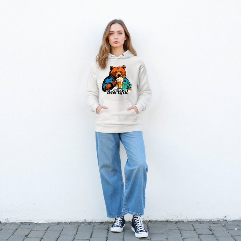 Unisex Premium Pullover Hoodie - Bear Drinking Beer, 'Life Is Beertiful' Funny Design - Image 4