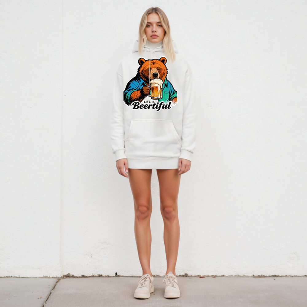 Unisex Premium Pullover Hoodie - Bear Drinking Beer, 'Life Is Beertiful' Funny Design - Image 5