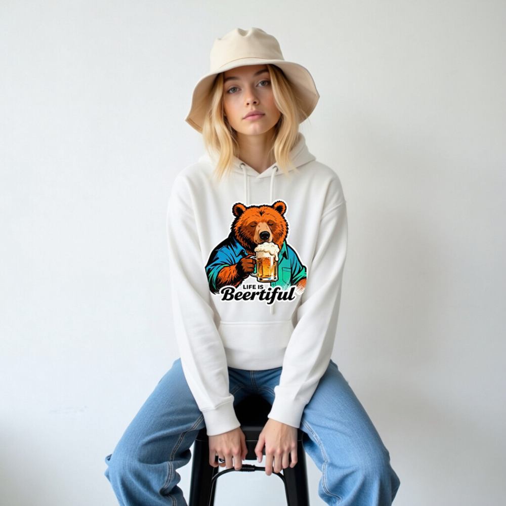 Unisex Premium Pullover Hoodie - Bear Drinking Beer, 'Life Is Beertiful' Funny Design - Image 6