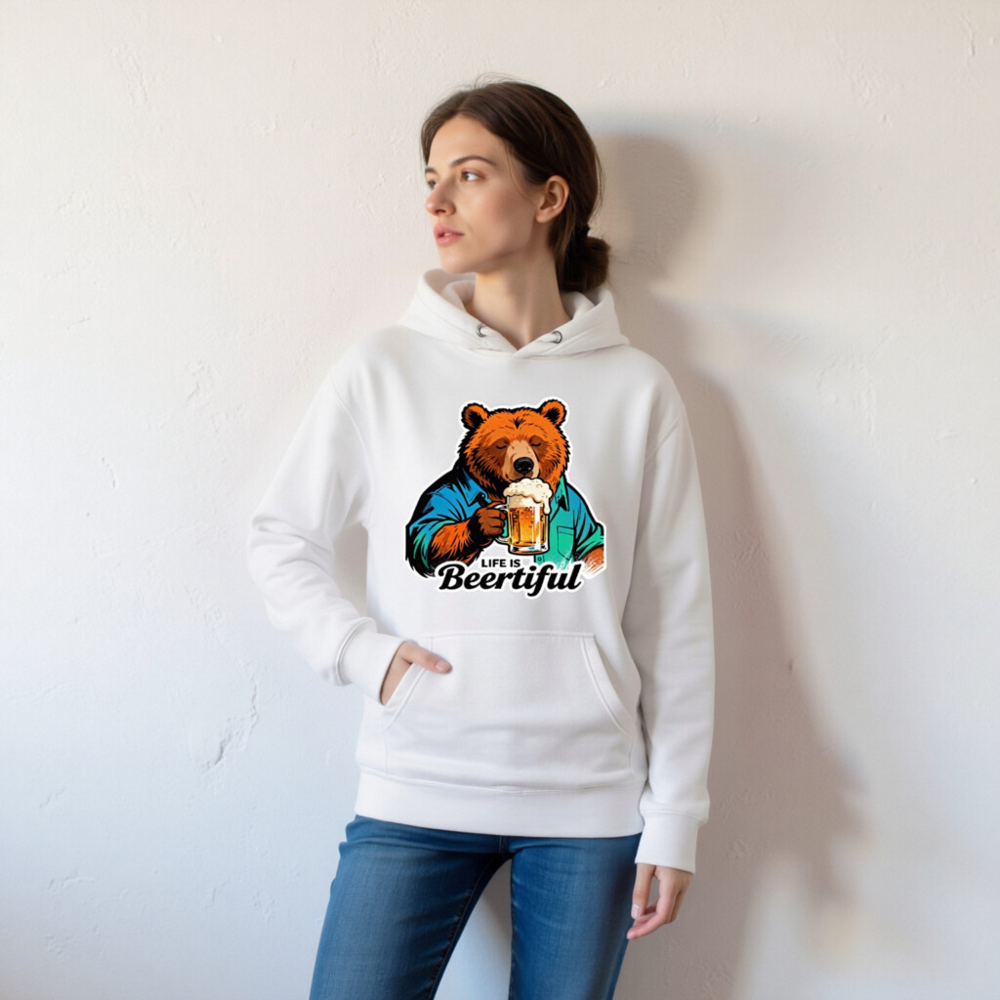 Unisex Premium Pullover Hoodie - Bear Drinking Beer, 'Life Is Beertiful' Funny Design - Image 7