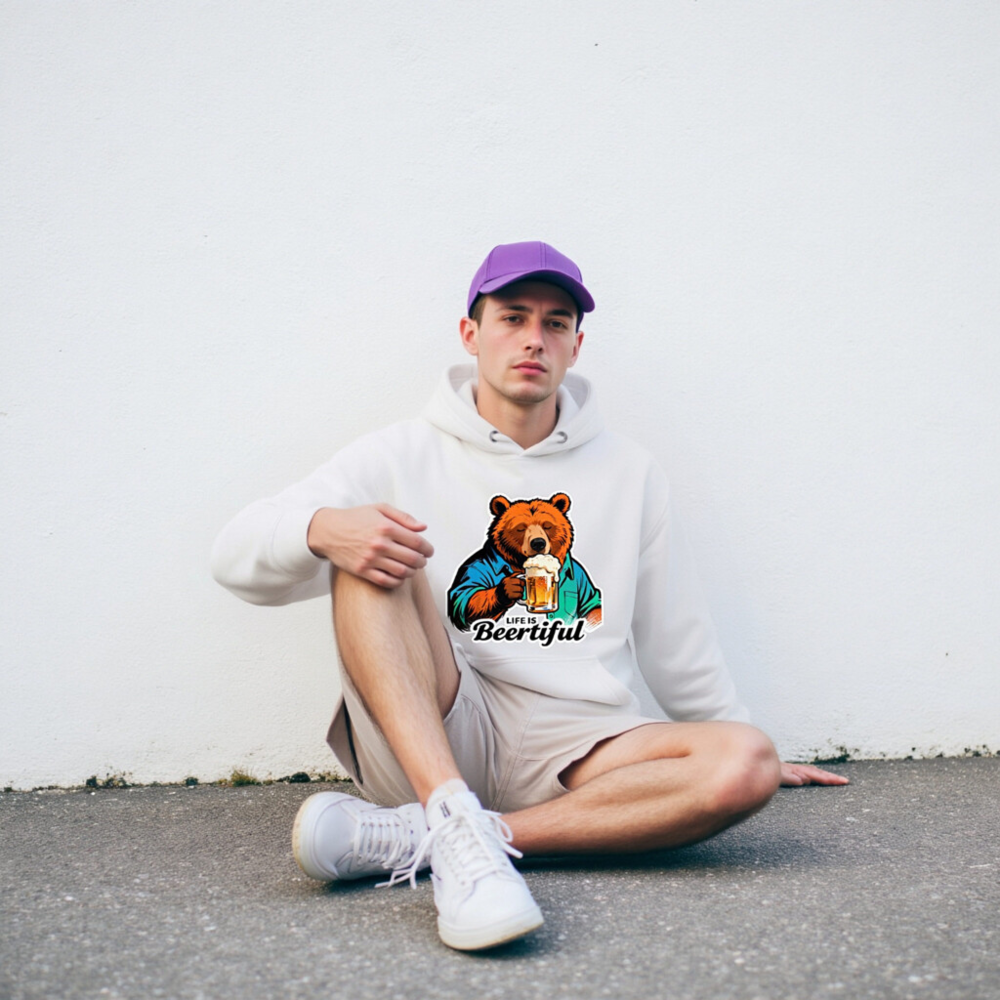 Unisex Premium Pullover Hoodie - Bear Drinking Beer, 'Life Is Beertiful' Funny Design - Image 9