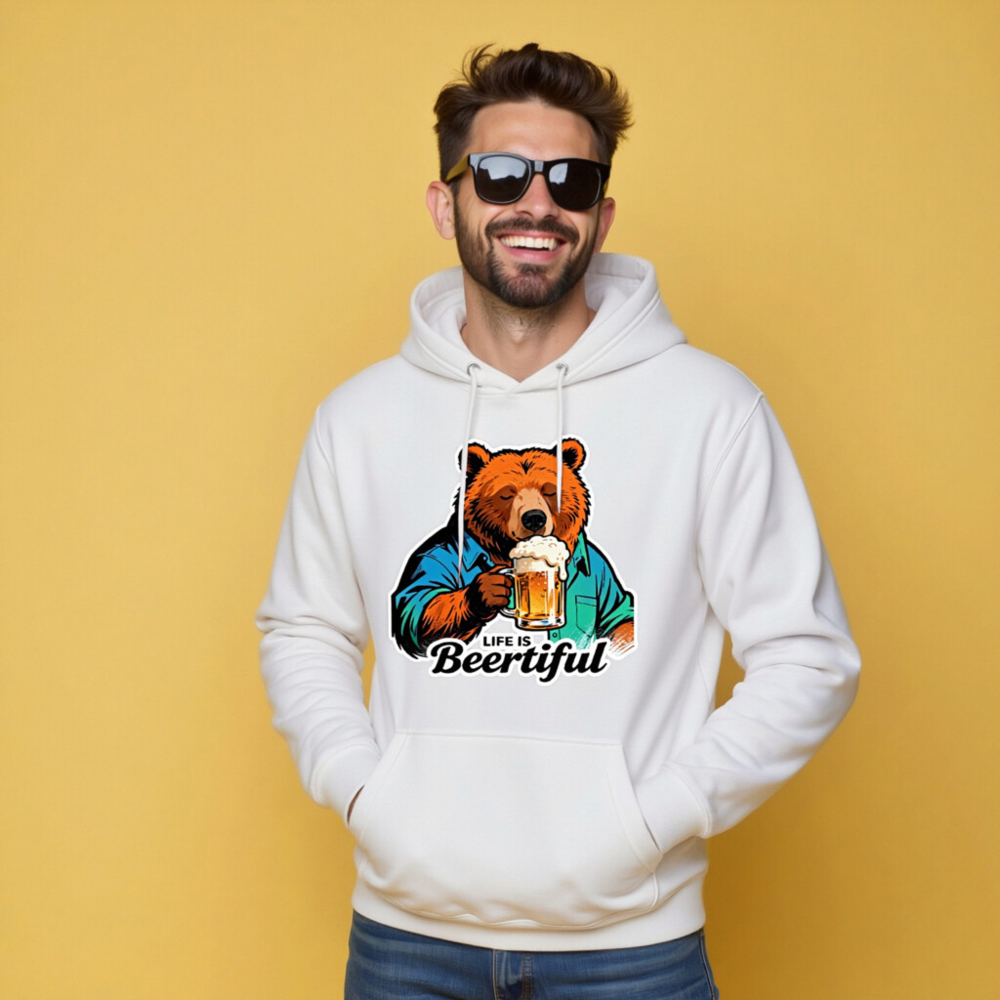 Unisex Premium Pullover Hoodie - Bear Drinking Beer, 'Life Is Beertiful' Funny Design - Image 10