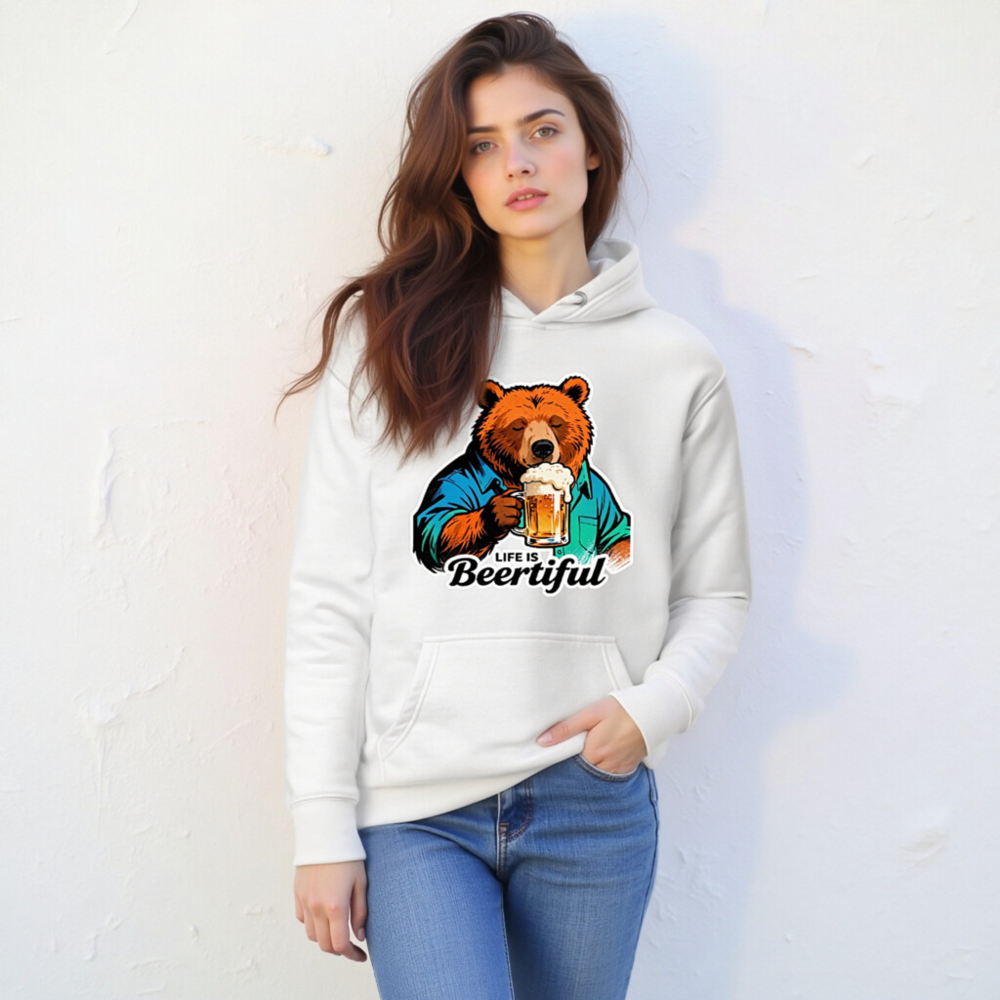 Unisex Premium Pullover Hoodie - Bear Drinking Beer, 'Life Is Beertiful' Funny Design - Image 11